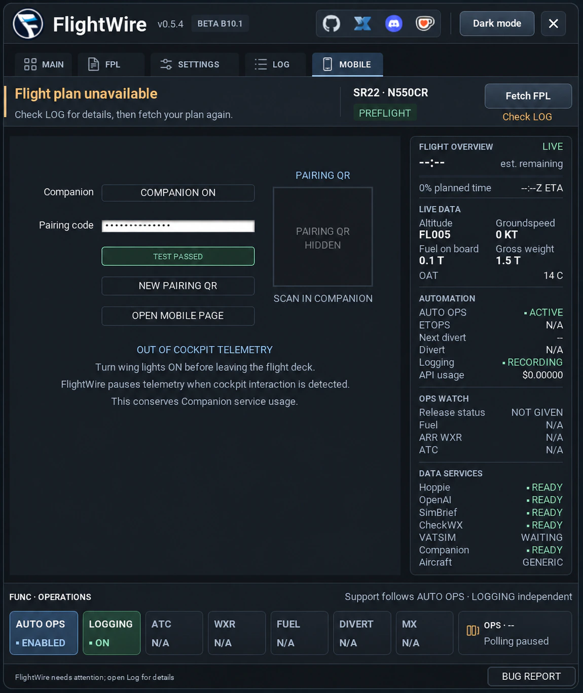 FlightWire panel showing Companion connection controls, flight overview and operational status