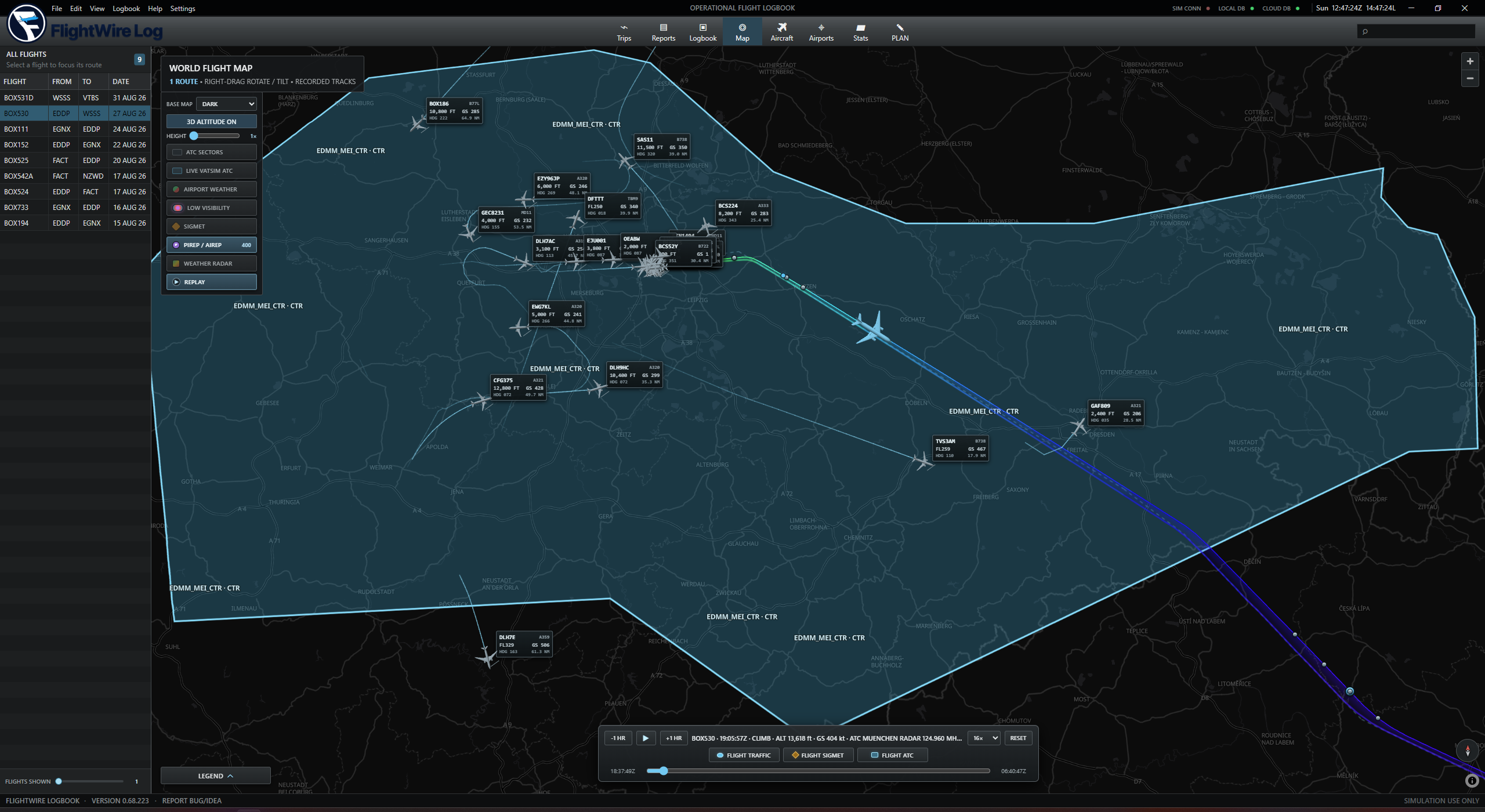 Logbook 3D flight replay showing a recorded aircraft track, nearby traffic and ATC coverage over Germany
